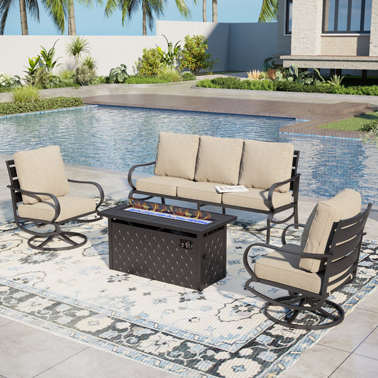 Captiva Designs 4pc Metal Patio seating Furniture Fire Pit Set with Swivel Chairs for Garden Porch Backyard