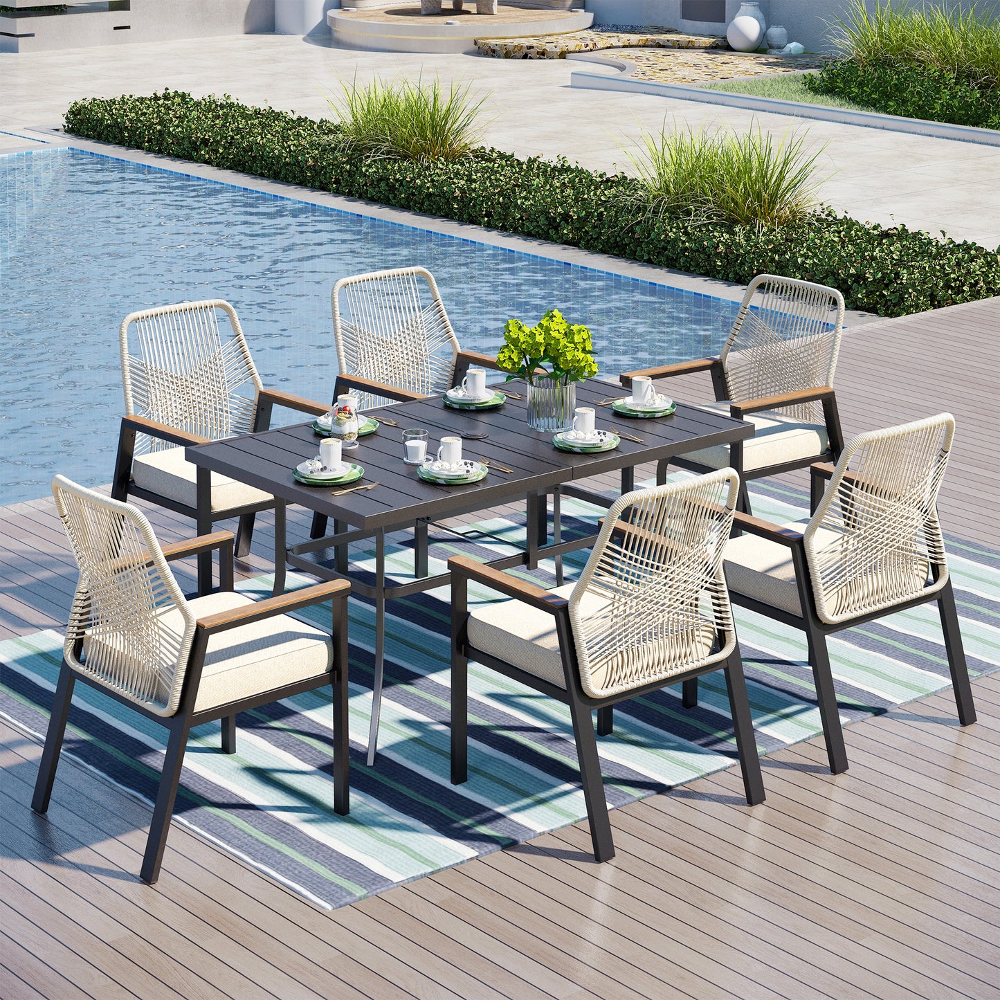 Captiva Designs 7pc Outdoor Dining Rectangular Slat-top Steel Table with Umbrella Hole & Beige Rattan Fixed Chairs