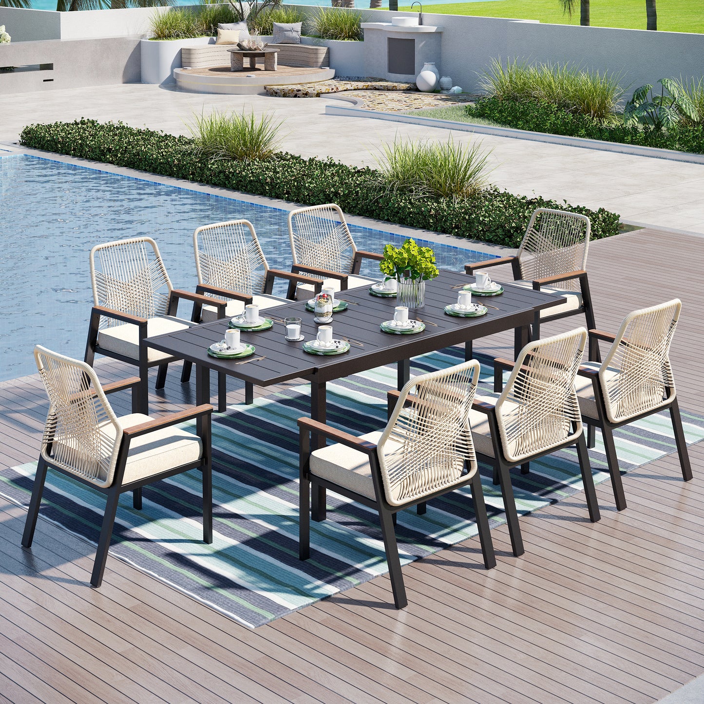 Captiva Designs 9pc Outdoor Dining Spacious Black Rectangle Metal Table & Beige Rattan Chairs
