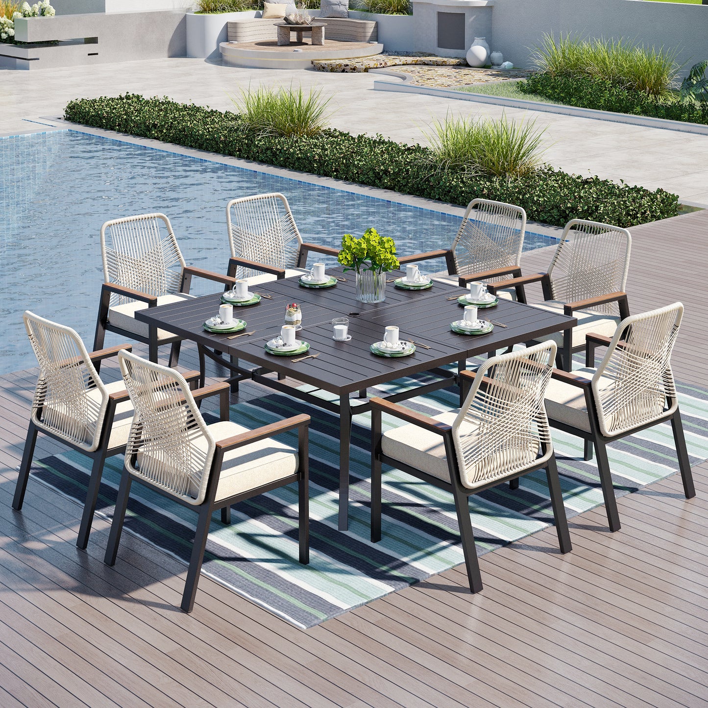 Captiva Designs 9pc Patio Dining Set with Spacious Slat-top Square Metal Table & Beige Rattan Chairs