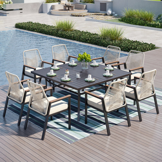 Captiva Designs 9pc Patio Dining Set with Spacious Slat-top Square Metal Table & Beige Rattan Chairs