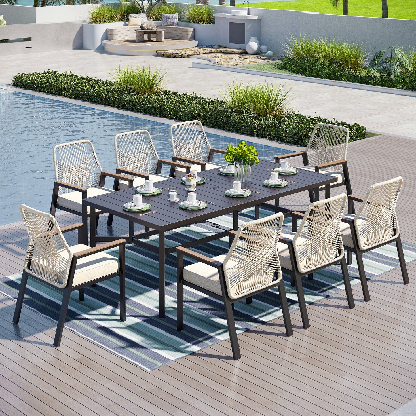 Captiva Designs 9 件套宽敞板顶矩形金属桌，带伞孔和米色藤椅