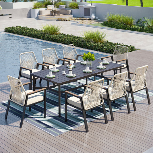 Captiva Designs 9 件套宽敞板顶矩形金属桌，带伞孔和米色藤椅