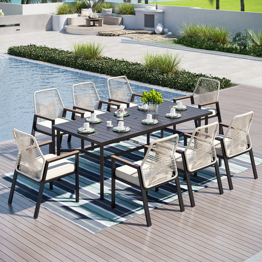 Captiva Designs 9pc Outdoor Dining Spacious Black Rectangle Metal Table & Beige Rattan Chairs