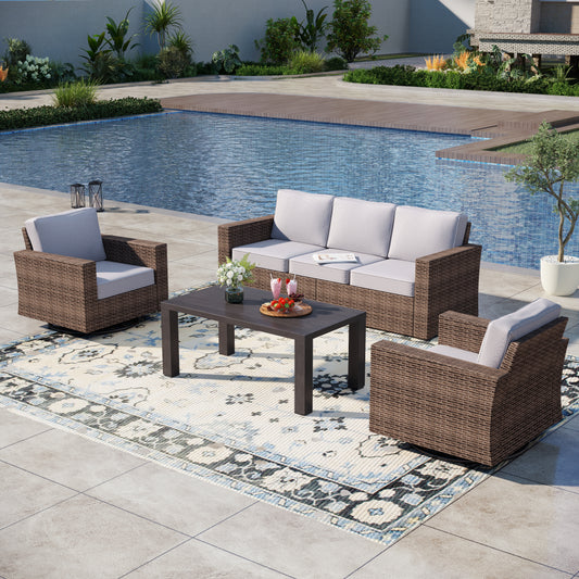 Captiva Designs 4pc Wicker Outdoor Patio Conversation Set with swivel single sofa for Backyard Deck Poolside