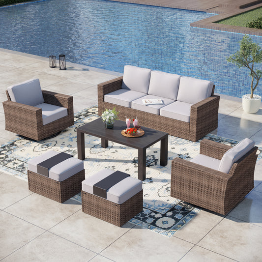 Captiva Designs 6pc Wicker Outdoor Patio Conversation Set with swivel Coffee Table and Ottoman for Backyard Deck Poolside