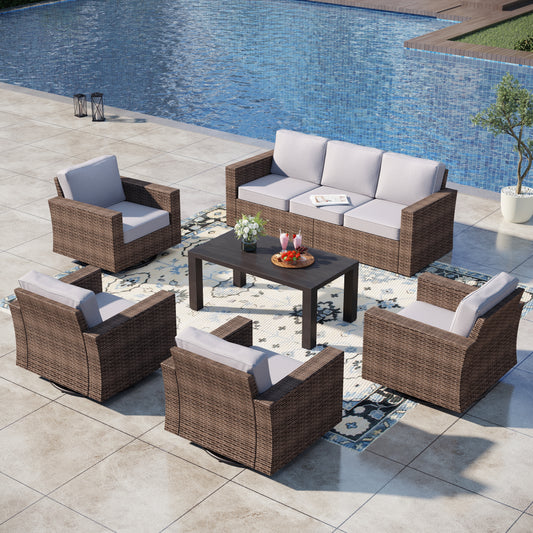 Captiva Designs 6PC Wicker Outdoor Patio Conversation Set with swivel single sofa for Backyard Deck Poolside