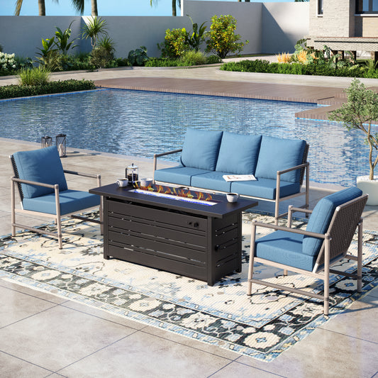 Captiva Designs 4pc Outdoor Wicker Patio Fire Pit Set with Armchairs for Poolside, Backyard