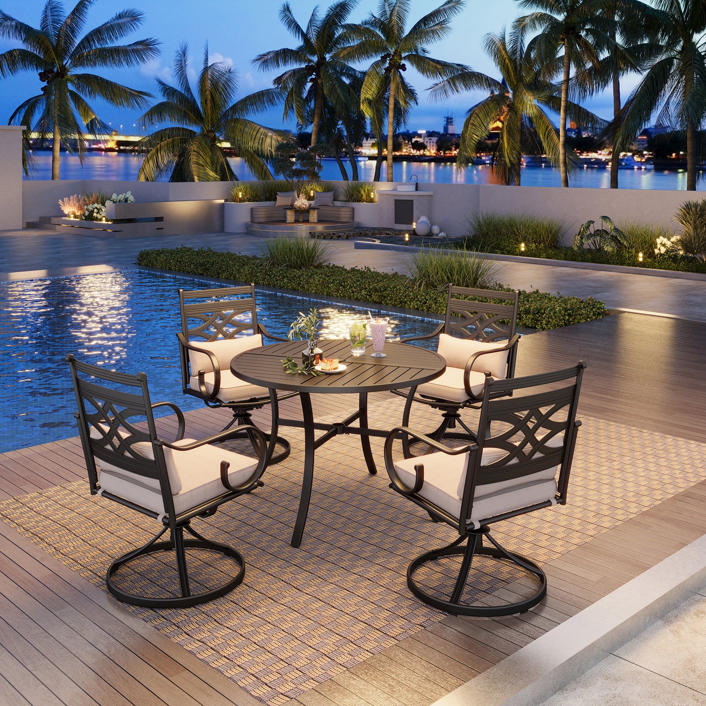 Captiva Designs 5pc Outdoor Dining Table & Metal Chairs with Thick Seat & Back Cushions