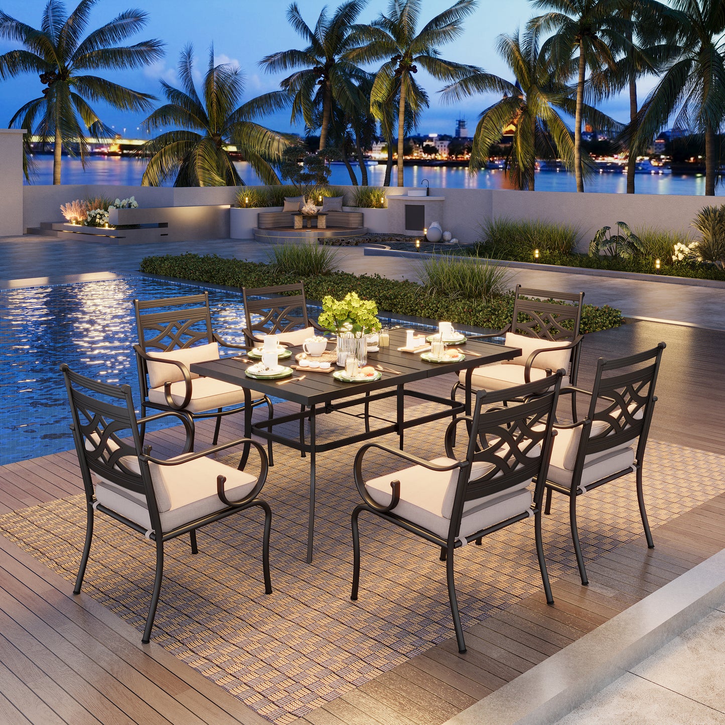 Captiva Designs 7pc Patio Dining Black Rectangular Table with Umbrella Hole & Metal Chairs with Seat Cushions and Waist Pillows