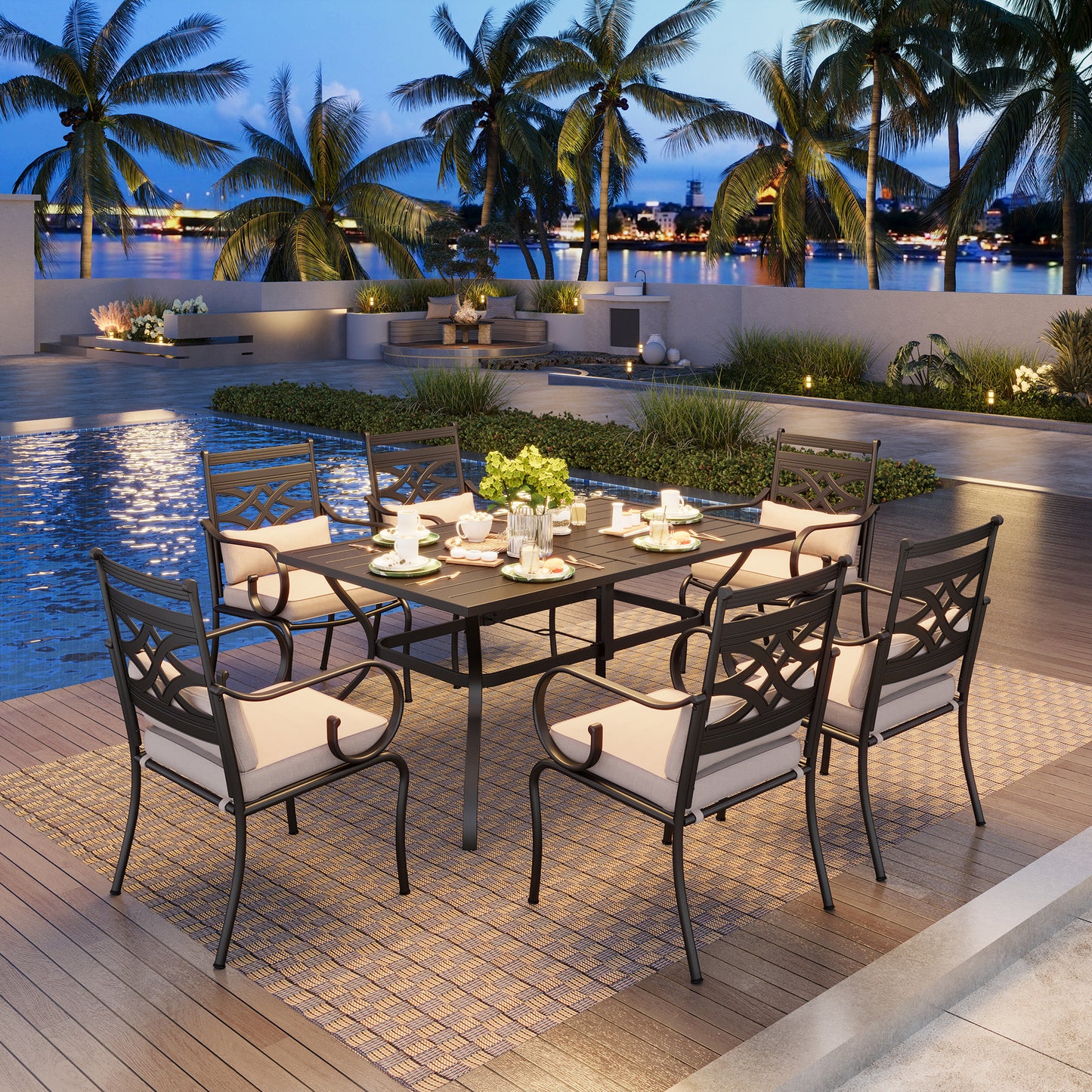 Captiva Designs 7pc Patio Dining Steel Table & Metal Chairs with Seat Cushions & Waist Pillows