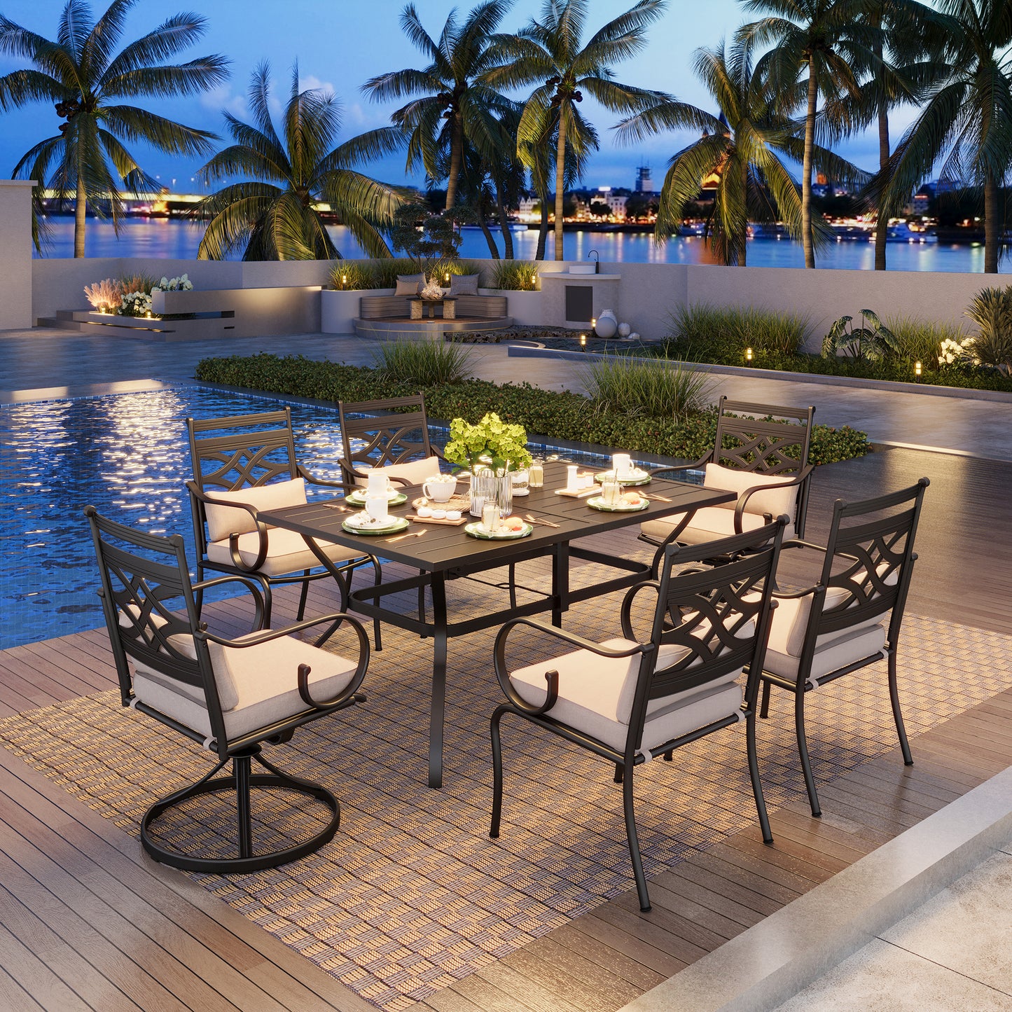Captiva Designs 7pc Patio Dining Steel Table & Metal Chairs with Seat Cushions & Waist Pillows