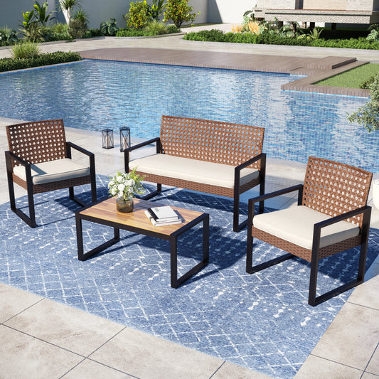 Captiva Designs 4pc Outdoor Patio Wicker Rattan Cushioned Conversation Set with Armchairs and Coffee Table