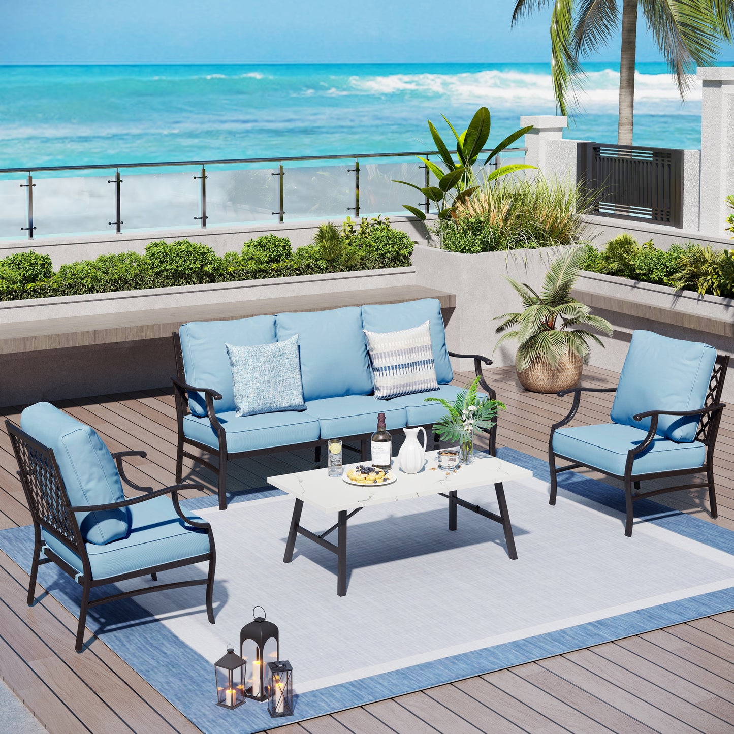 Captiva Designs 4 件套超大金属露台户外会客套装，带扶手椅，适用于花园、泳池边、后院