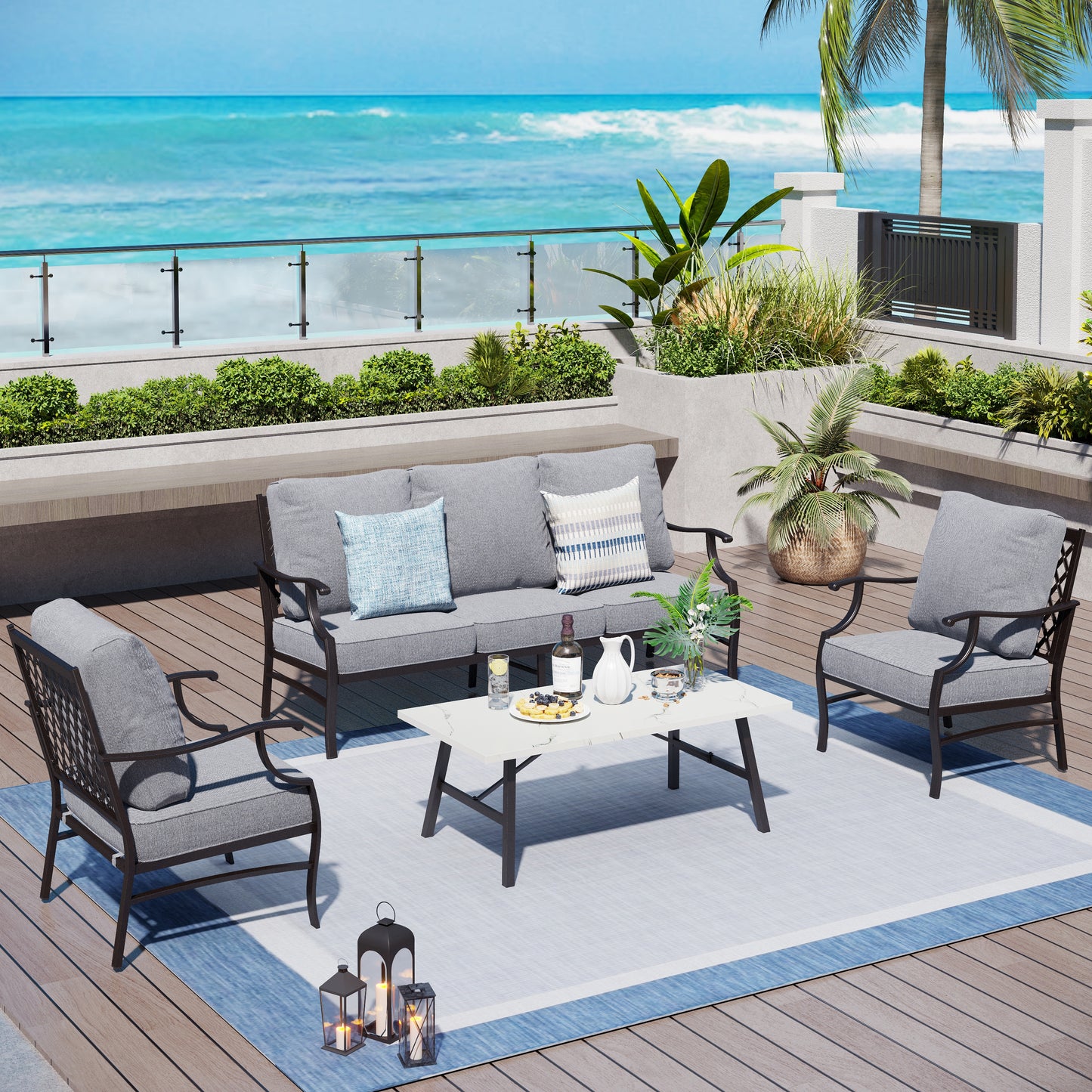 Captiva Designs 4 件套超大金属露台户外会客套装，带扶手椅，适用于花园、泳池边、后院