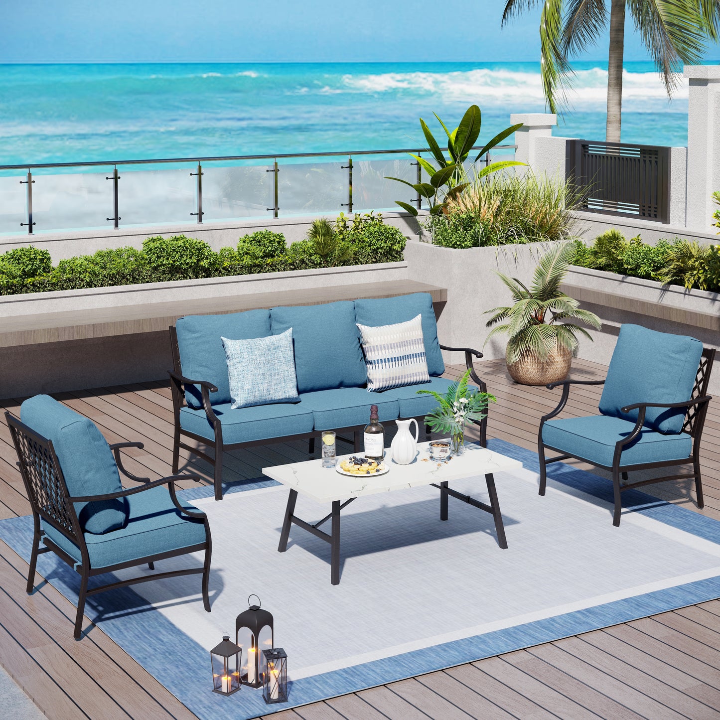 Captiva Designs 4 件套超大金属露台户外会客套装，带扶手椅，适用于花园、泳池边、后院