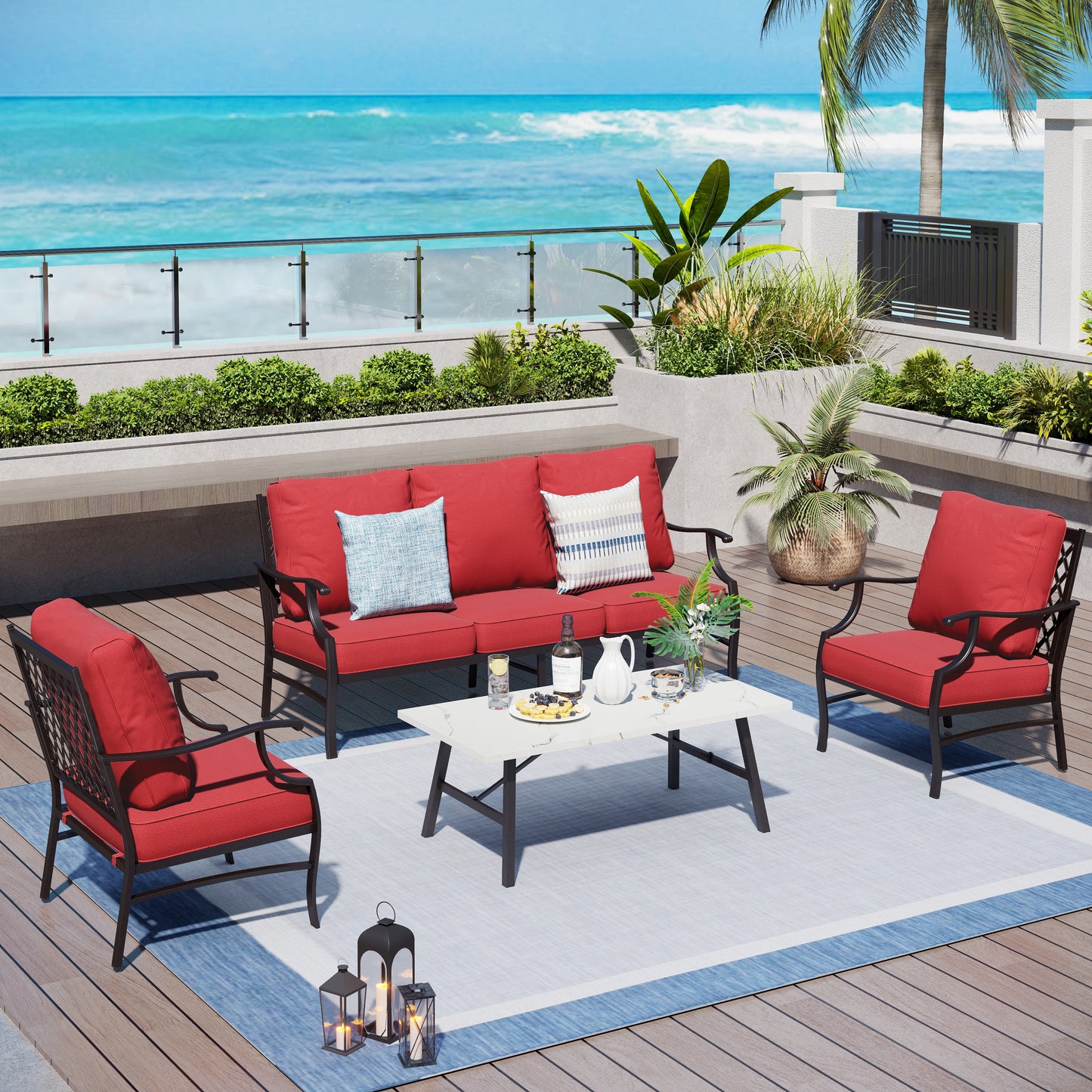 Captiva Designs 4 件套超大金属露台户外会客套装，带扶手椅，适用于花园、泳池边、后院