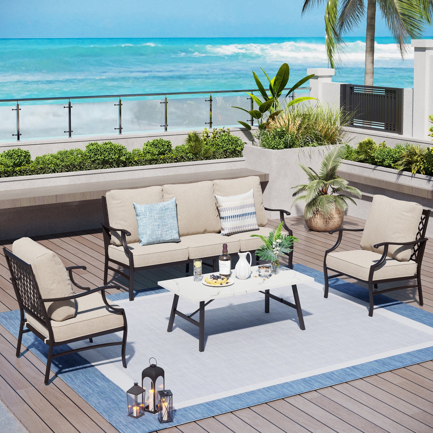 Captiva Designs 4 件套超大金属露台户外会客套装，带扶手椅，适用于花园、泳池边、后院