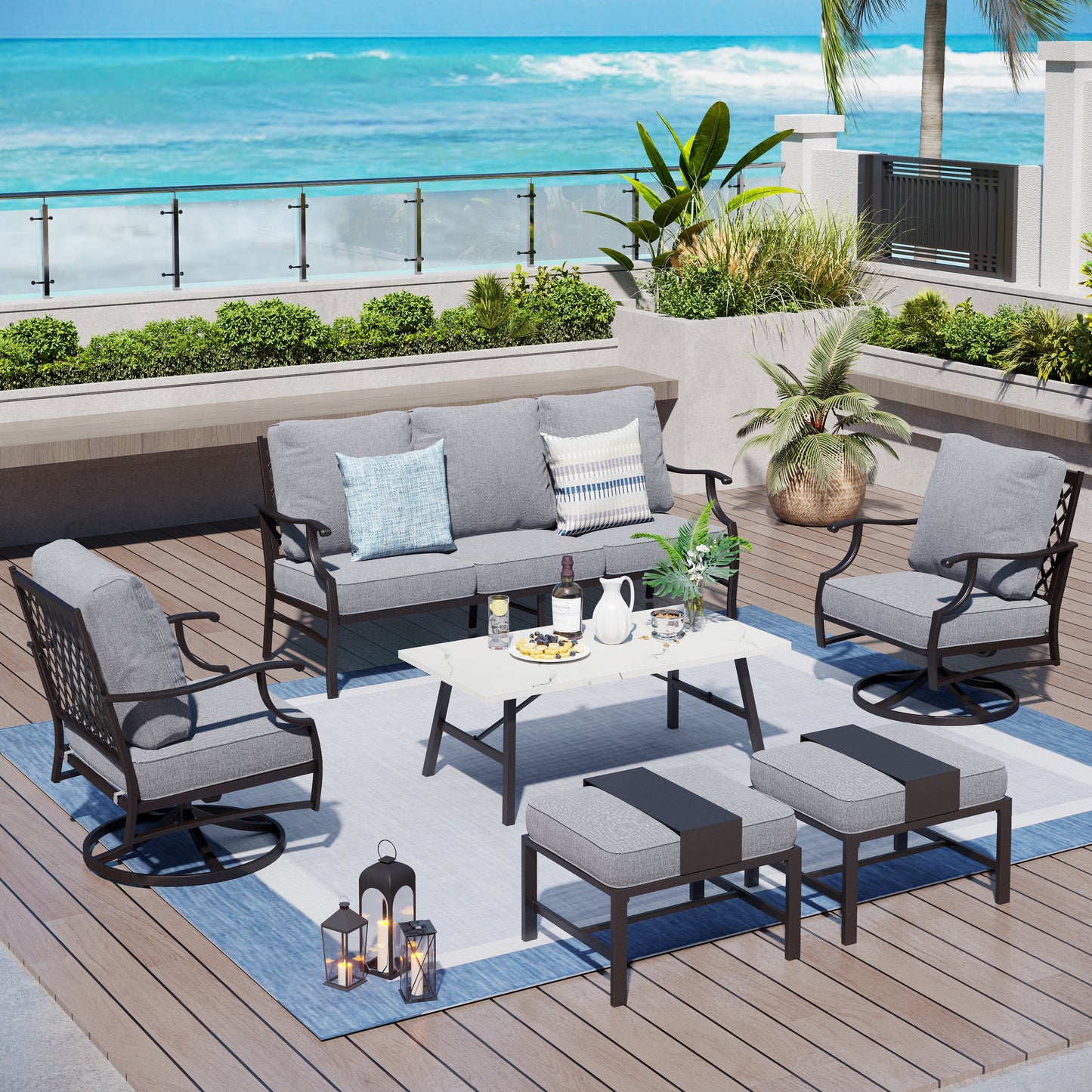 Captiva Designs 6pc Metal Patio Outdoor Conversation Set with Swivel Grid-back Chairs, Ottomans and Coffee Table