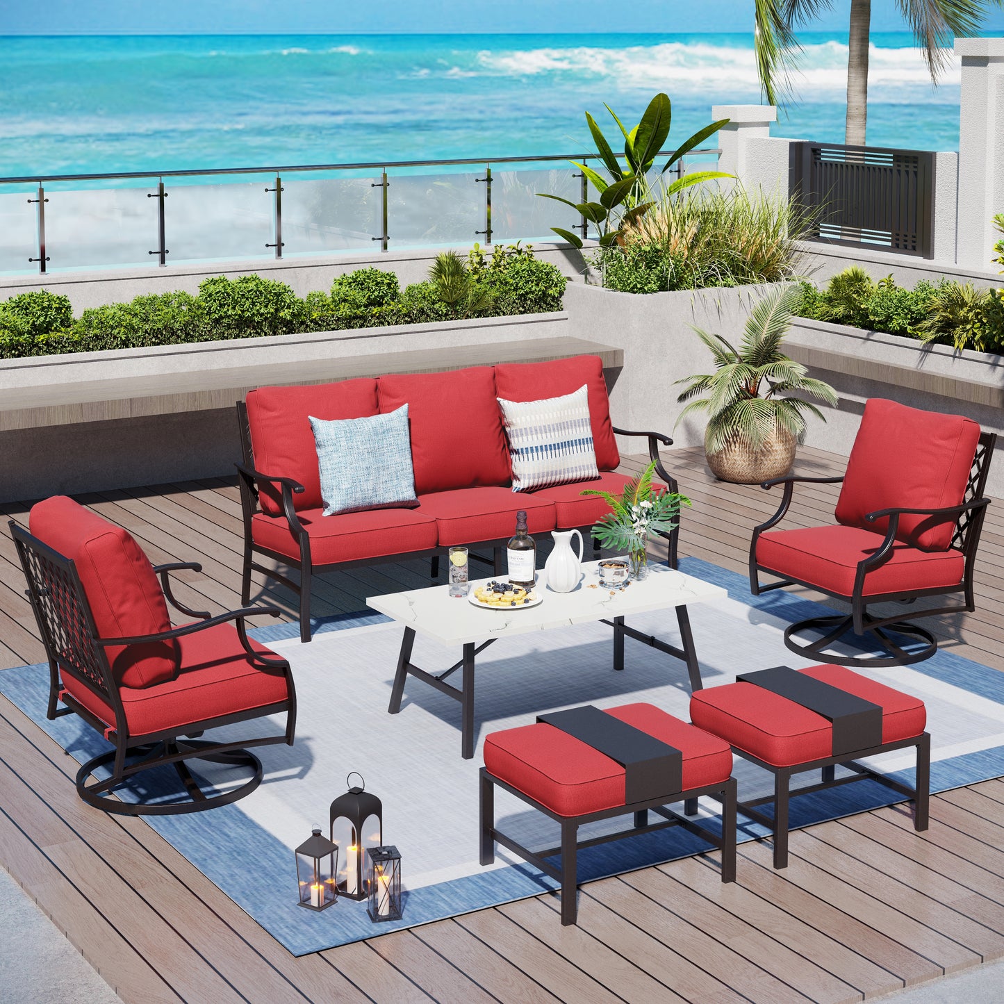 Captiva Designs 6pc Metal Patio Outdoor Conversation Set with Swivel Grid-back Chairs, Ottomans and Coffee Table