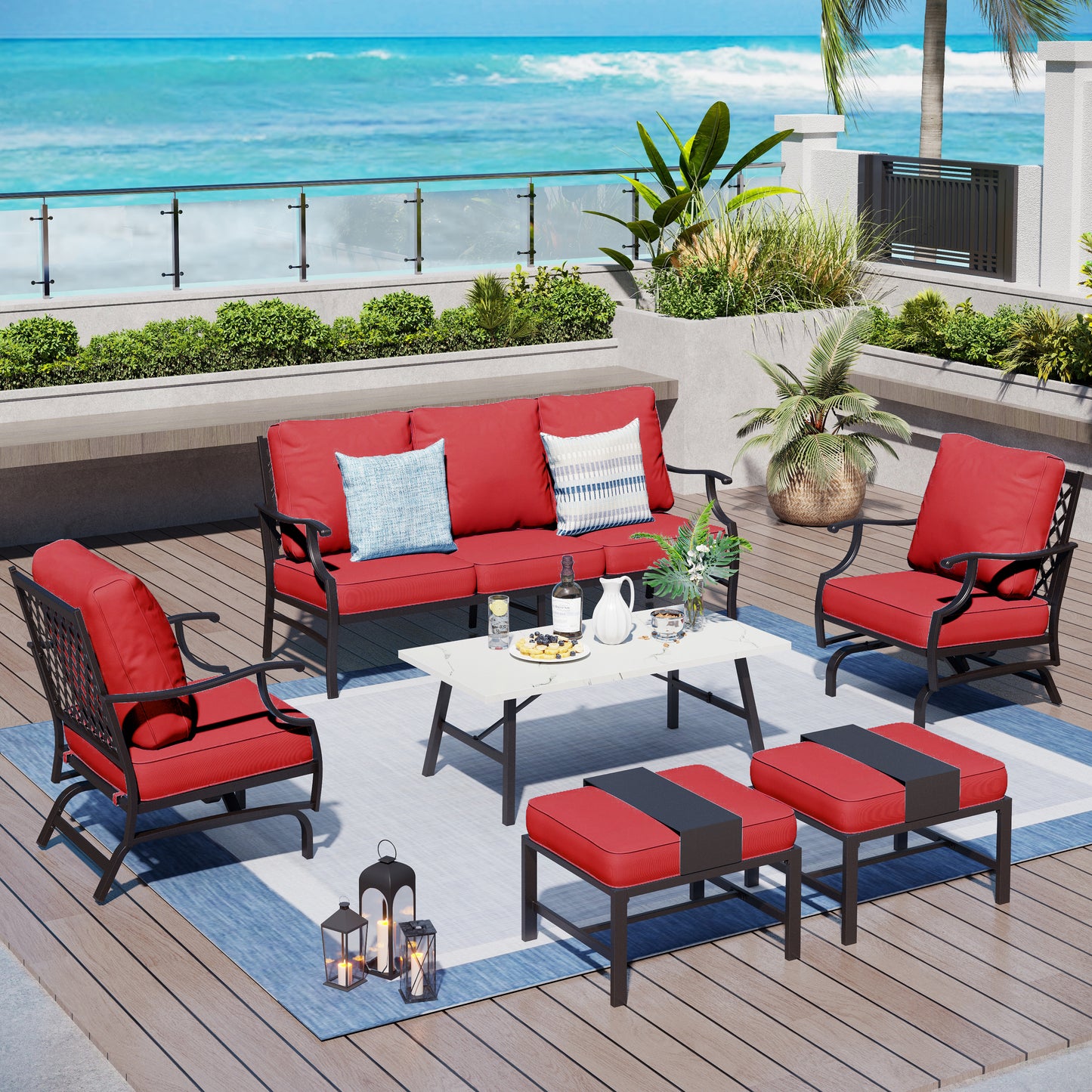 Captiva Designs 6pc Metal Patio Outdoor Conversation Set with Rocking Grid-back Chairs, Ottomans and Coffee Table