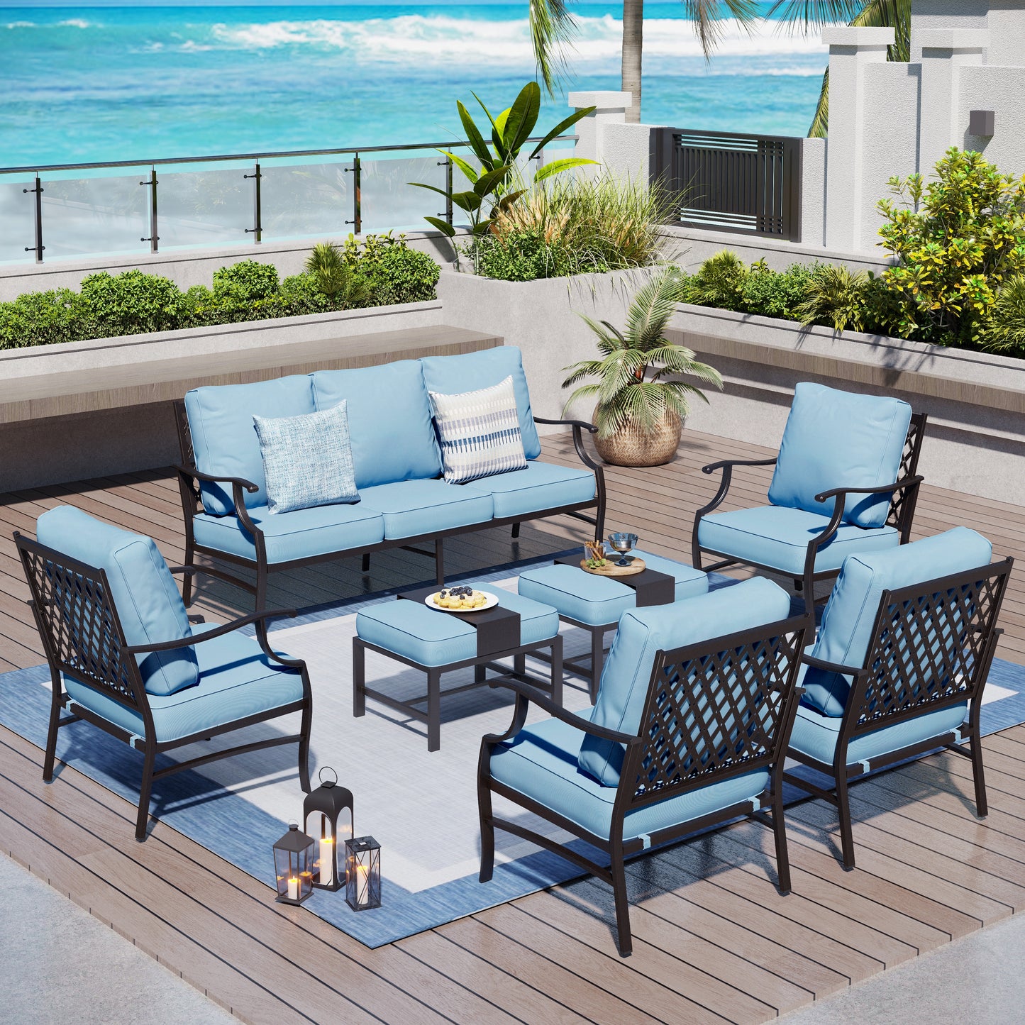 Captiva Designs 7pc Metal Patio Outdoor Conversation Set with Grid-back Armchairs, Ottomans for Garden, Poolside, Backyard