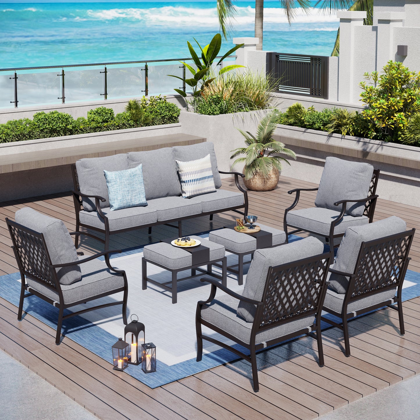 Captiva Designs 7pc Metal Patio Outdoor Conversation Set with Grid-back Armchairs, Ottomans for Garden, Poolside, Backyard