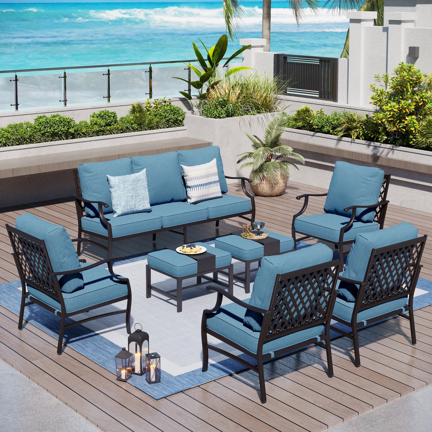Captiva Designs 7pc Metal Patio Outdoor Conversation Set with Grid-back Armchairs, Ottomans for Garden, Poolside, Backyard