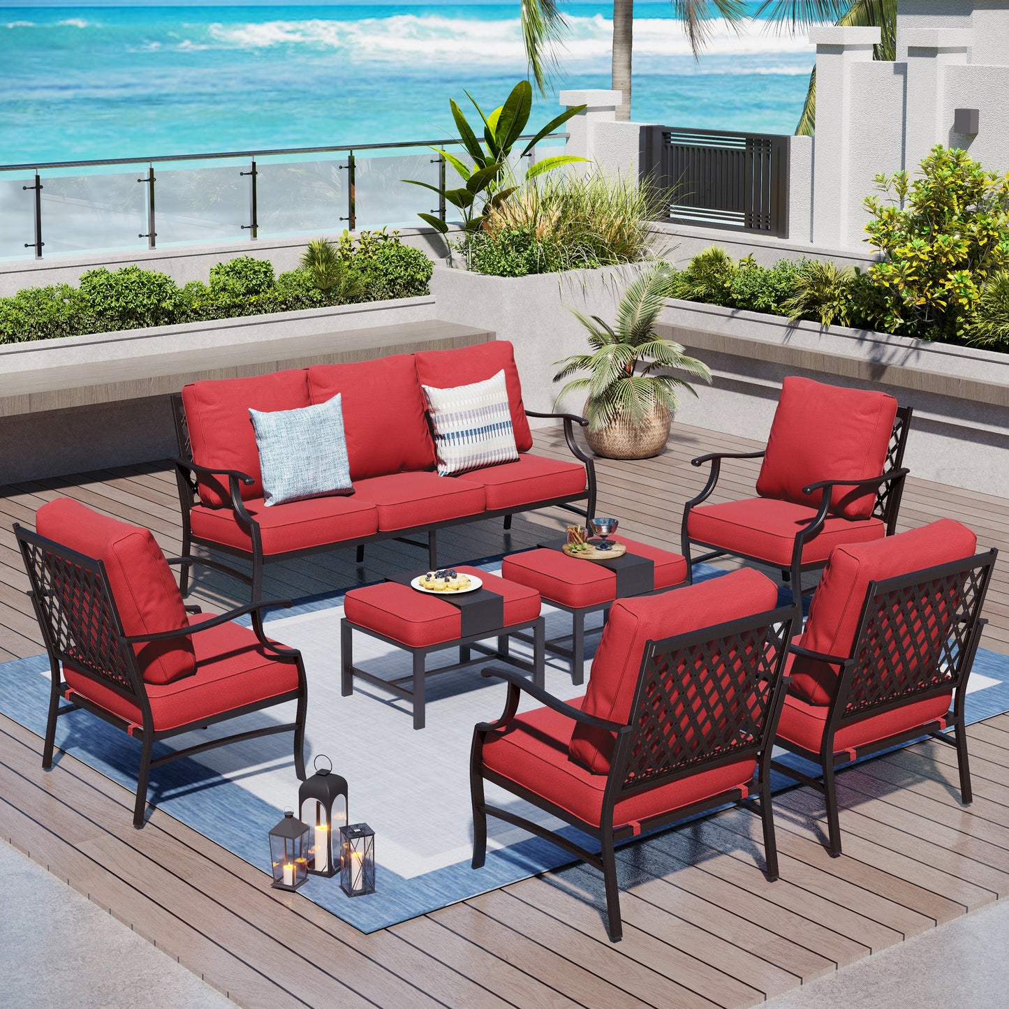 Captiva Designs 7pc Metal Patio Outdoor Conversation Set with Grid-back Armchairs, Ottomans for Garden, Poolside, Backyard