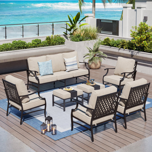 Captiva Designs 7pc Metal Patio Outdoor Conversation Set with Grid-back Armchairs, Ottomans for Garden, Poolside, Backyard