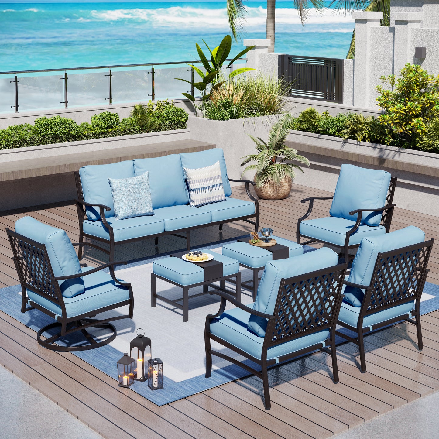 Captiva Designs 7pc Metal Patio Outdoor Conversation Set with Swivel Grid-back Chairs, Ottomans for Garden, Poolside, Backyard