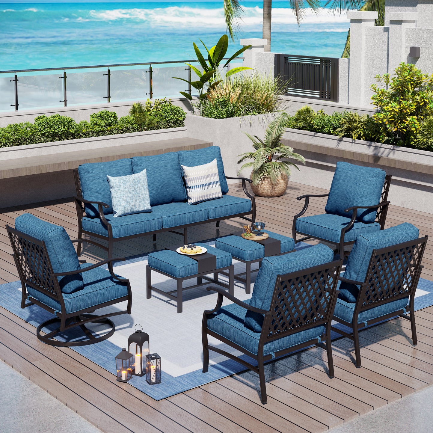 Captiva Designs 7pc Metal Patio Outdoor Conversation Set with Swivel Grid-back Chairs, Ottomans for Garden, Poolside, Backyard