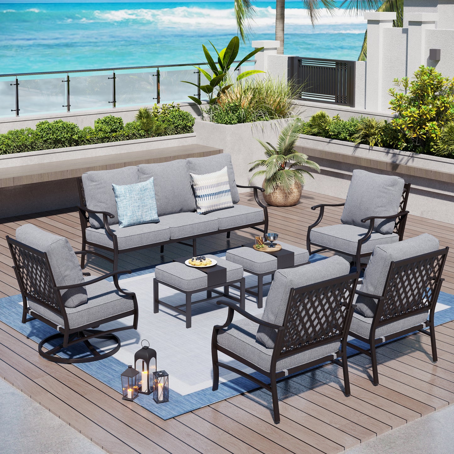 Captiva Designs 7pc Metal Patio Outdoor Conversation Set with Swivel Grid-back Chairs, Ottomans for Garden, Poolside, Backyard