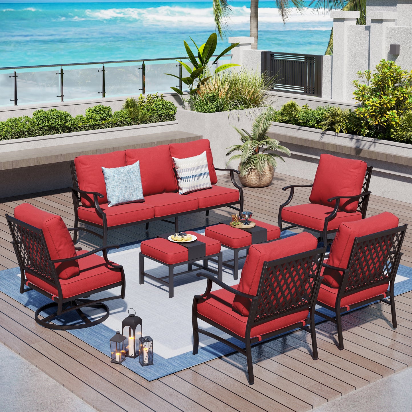 Captiva Designs 7pc Metal Patio Outdoor Conversation Set with Swivel Grid-back Chairs, Ottomans for Garden, Poolside, Backyard