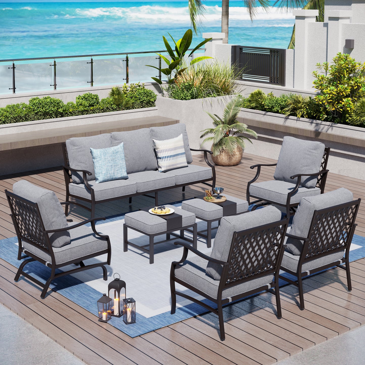 Captiva Designs 7pc Metal Patio Outdoor Conversation Set with Rocking Grid-back Chairs, Ottomans for Garden, Poolside, Backyard