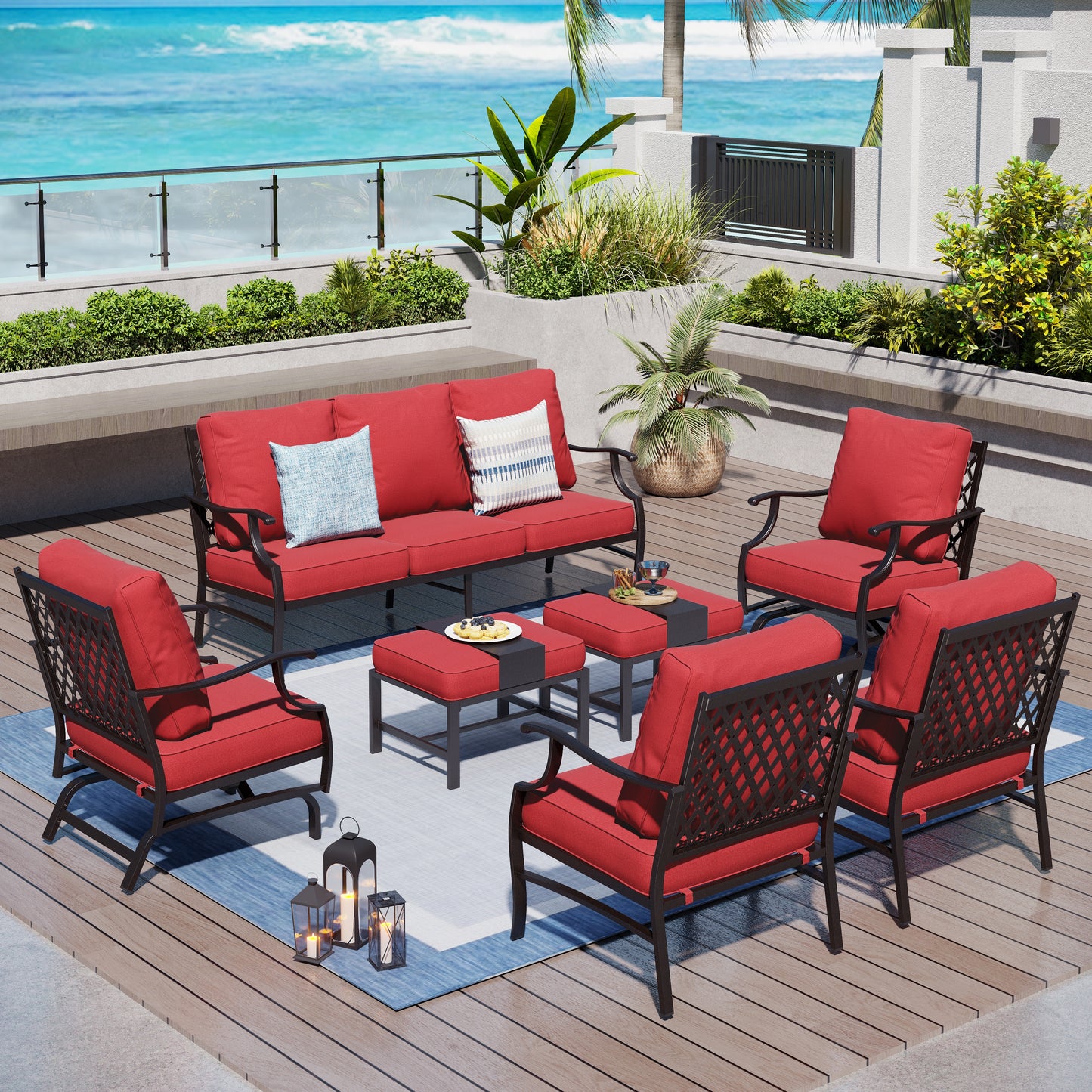 Captiva Designs 7pc Metal Patio Outdoor Conversation Set with Rocking Grid-back Chairs, Ottomans for Garden, Poolside, Backyard