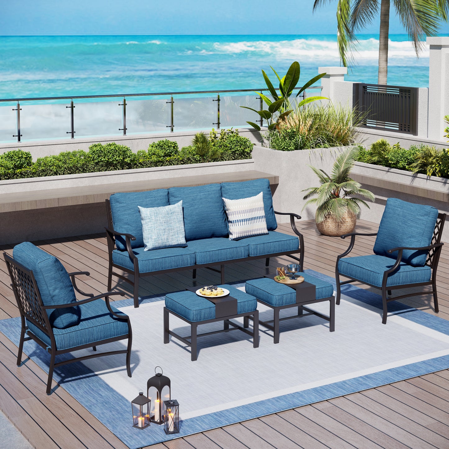 Captiva Designs 5pc Metal Patio Outdoor Conversation Set with Grid-back Armchairs and Ottomans