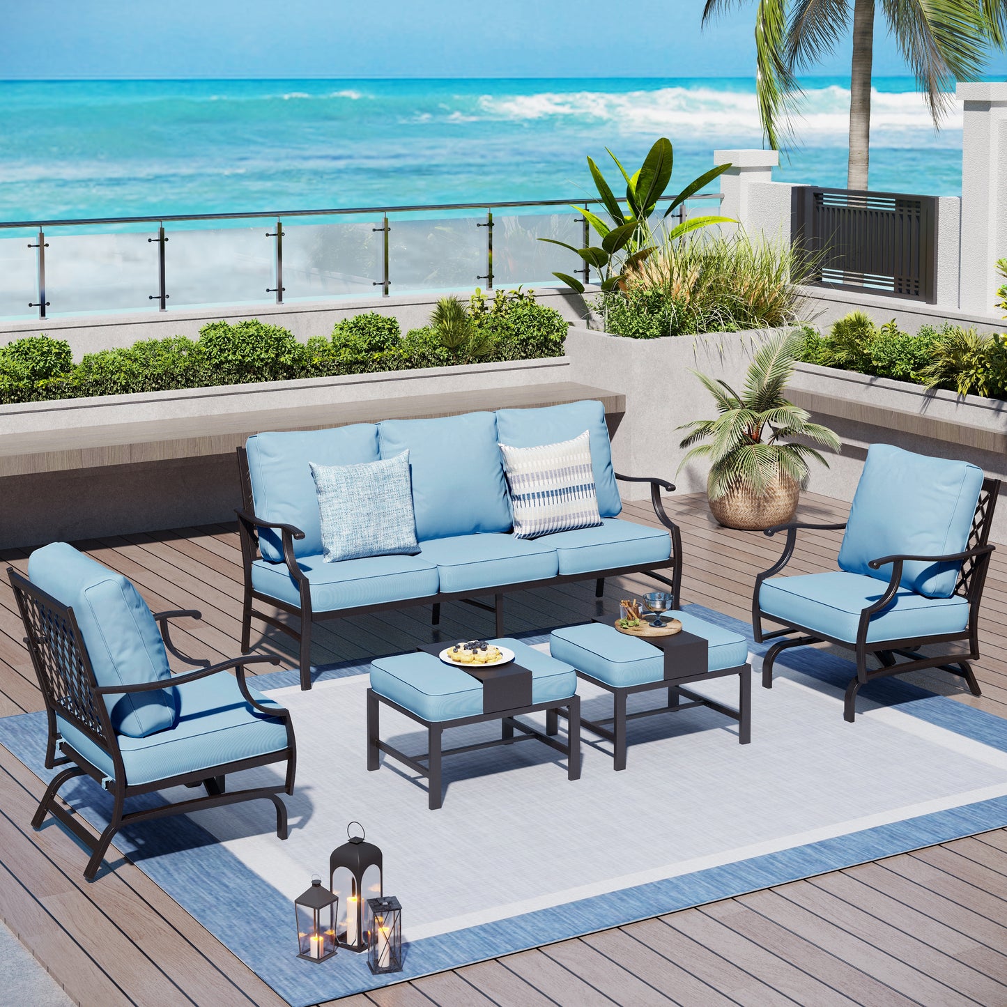 Captiva Designs 5pc Metal Patio Outdoor Conversation Set with Rocking Grid-back Chairs and Ottomans