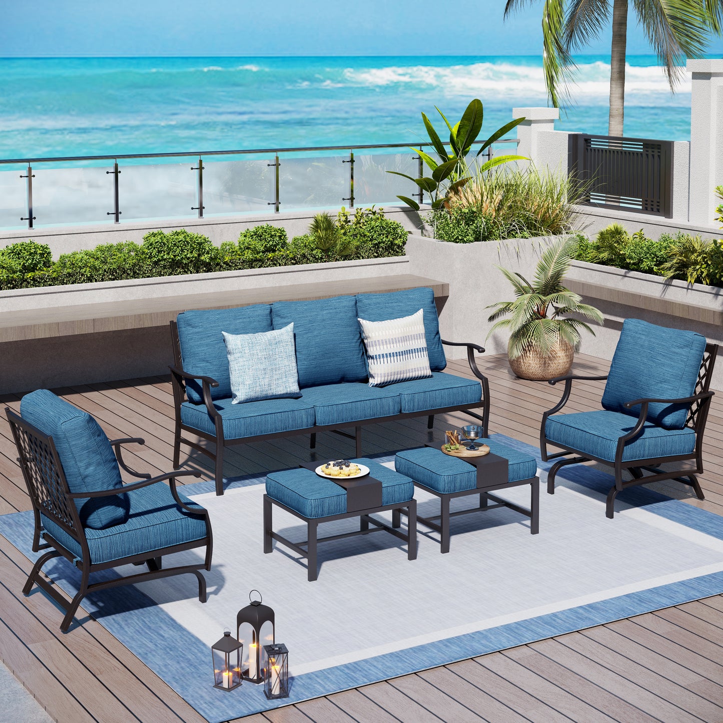 Captiva Designs 5pc Metal Patio Outdoor Conversation Set with Rocking Grid-back Chairs and Ottomans