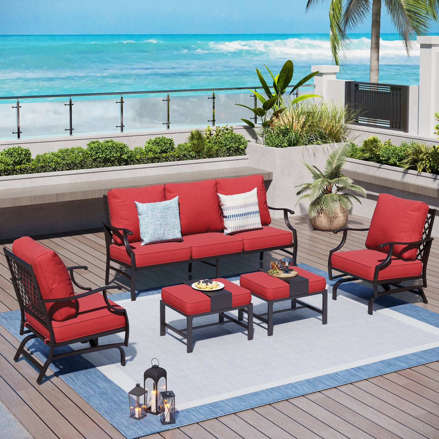 Captiva Designs 5pc Metal Patio Outdoor Conversation Set with Rocking Grid-back Chairs and Ottomans