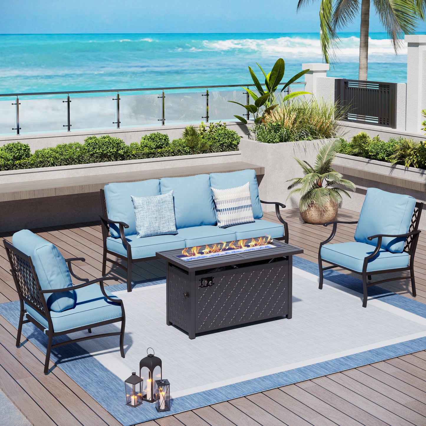 Captiva Designs 4pc Metal Patio Outdoor Conversation Fire Pit Set with Grid-back Armchairs for Garden, Poolside, Backyard