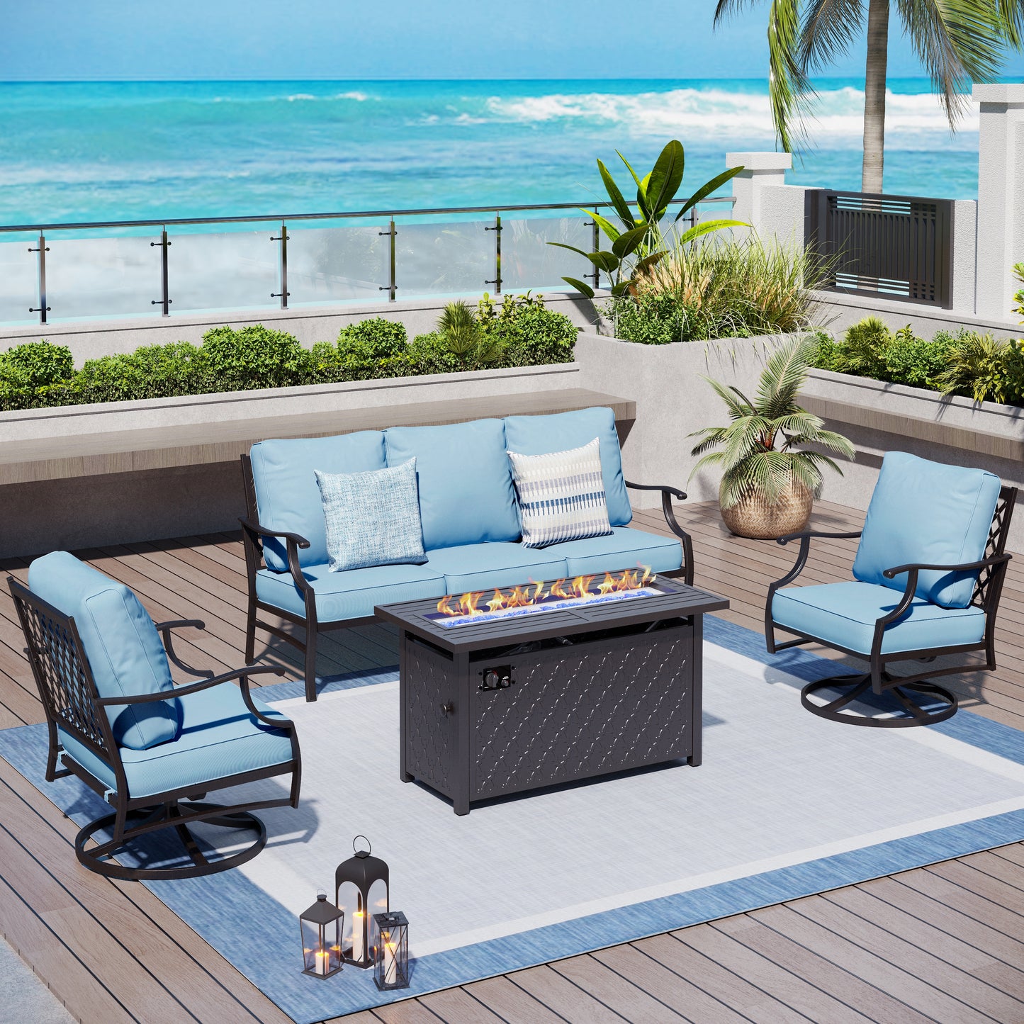 Captiva Designs 4PCS Patio Outdoor Conversation Fire Pit Set with Swivel Armchairs for Garden, Poolside, Backyard