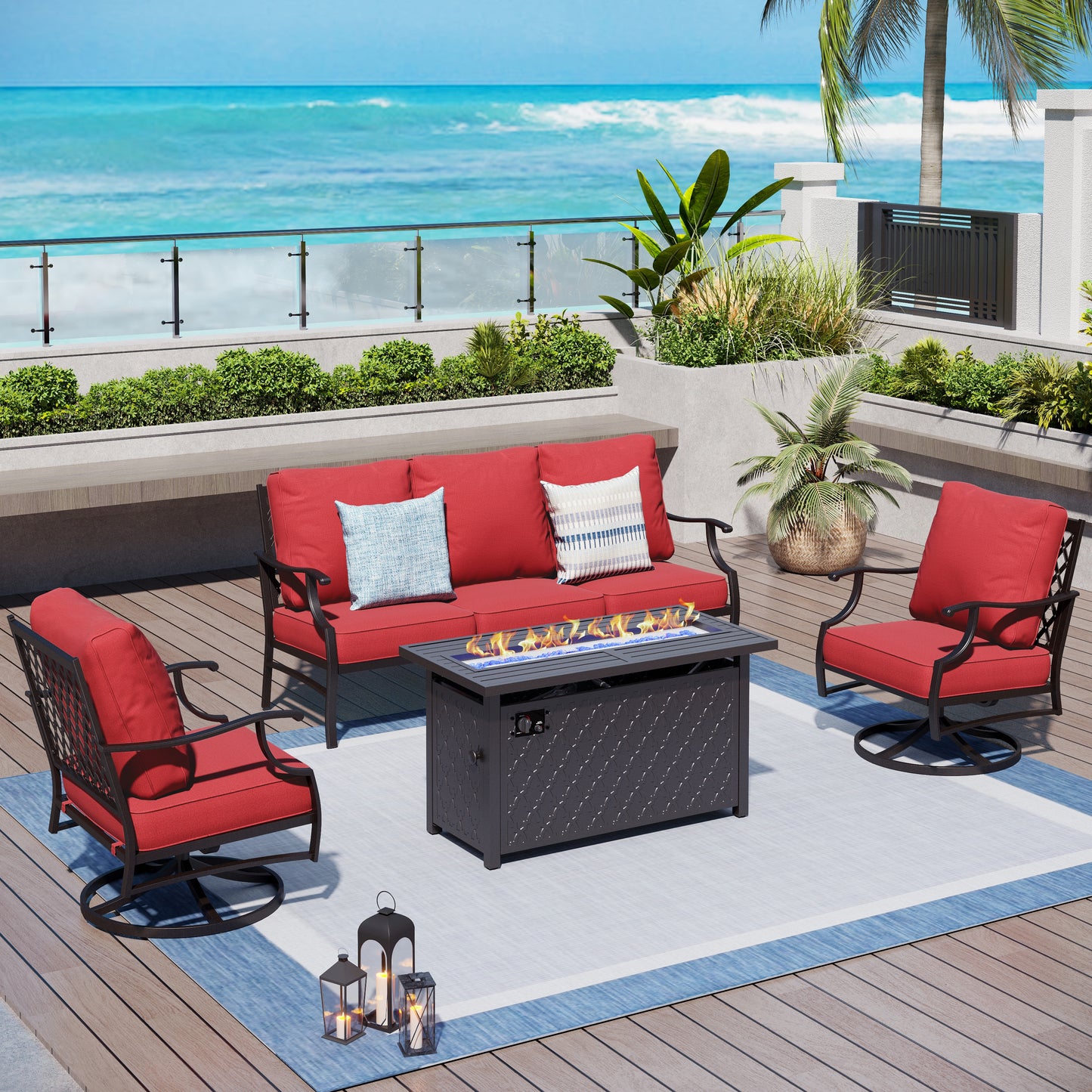 Captiva Designs 4PCS Patio Outdoor Conversation Fire Pit Set with Swivel Armchairs for Garden, Poolside, Backyard