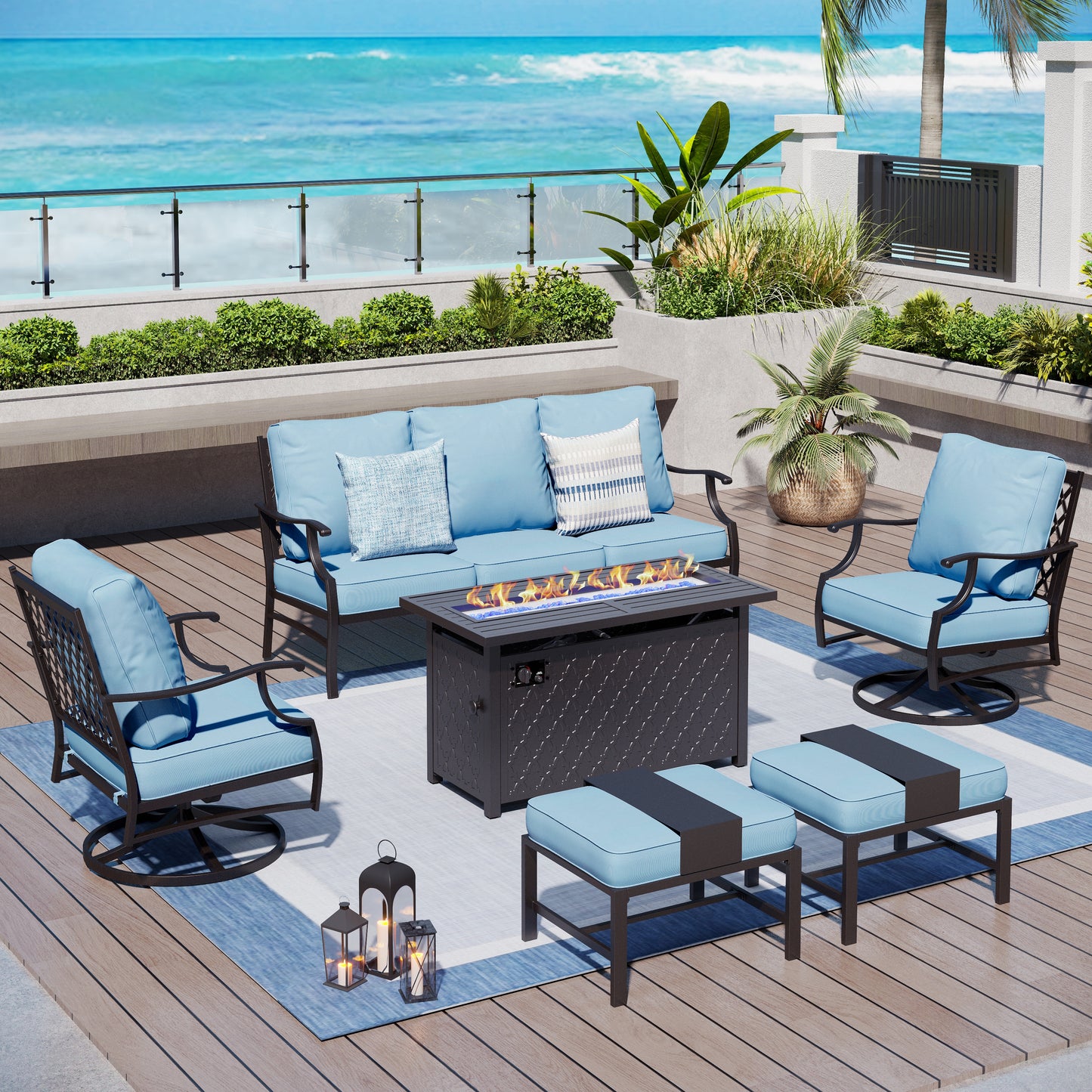 Captiva Designs 6pc Metal Patio Outdoor Conversation Fire Pit Set with Swivel Armchairs and Ottomans