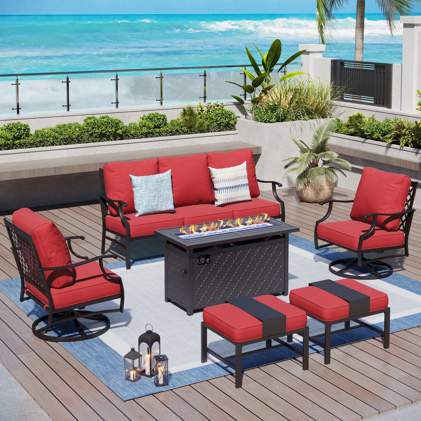 Captiva Designs 6pc Metal Patio Outdoor Conversation Fire Pit Set with Swivel Armchairs and Ottomans