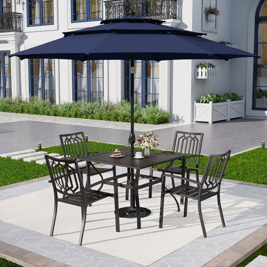 Captiva Designs 6pc Outdoor Patio Square Steel Dining Table with Stackable Metal Chairs and Market Umbrella