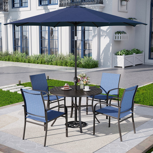 Captiva Designs 6pc Patio Dining Set with Steel Table & Blue Sling Chairs & Blue Umbrella