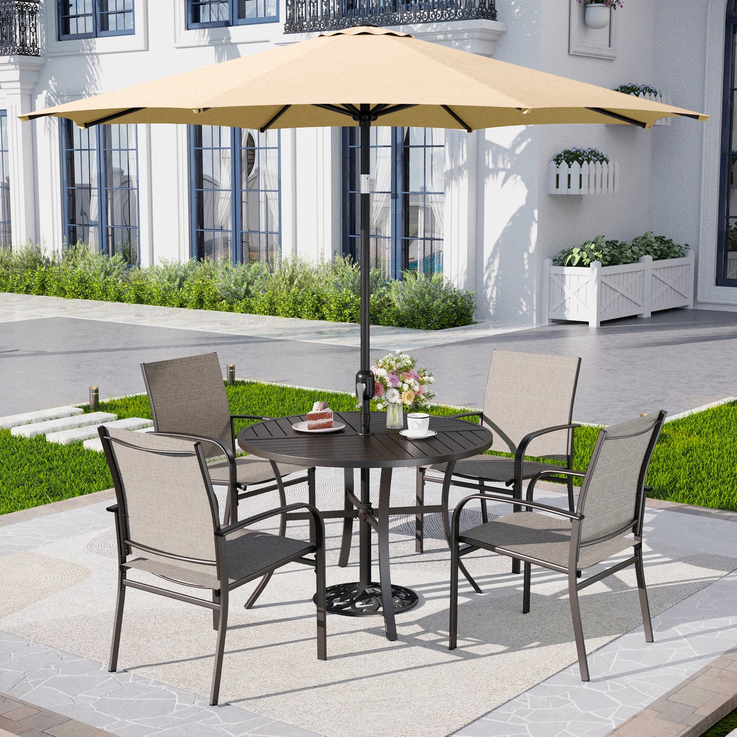 Captiva Designs 6pc Patio Dining Set Steel Table & Light Brown Sling Chairs & Beige Umbrella