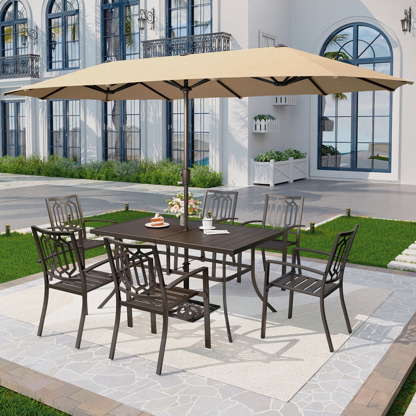 Captiva Designs 8pc Patio Dining Slat-top Rectangle Table & Stackable Steel Chairs & 13ft Large Umbrella