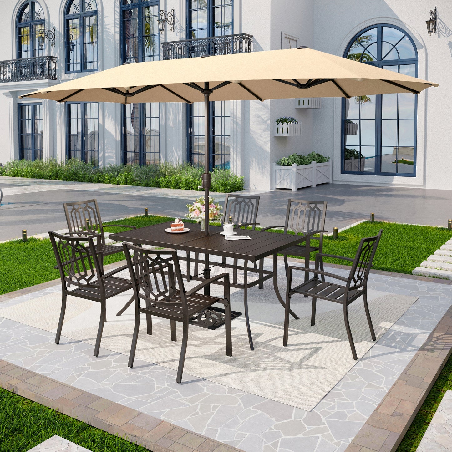 Captiva Designs 8pc Patio Dining Slat-top Rectangle Table & Stackable Steel Chairs & 13ft Large Umbrella
